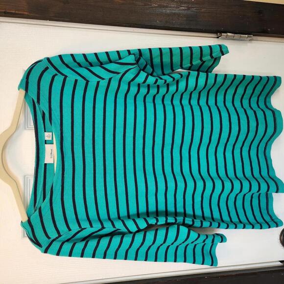 Tops - L.L.Bean Women's Teal/Navy Striped 100% Cotton Top, Size Large
